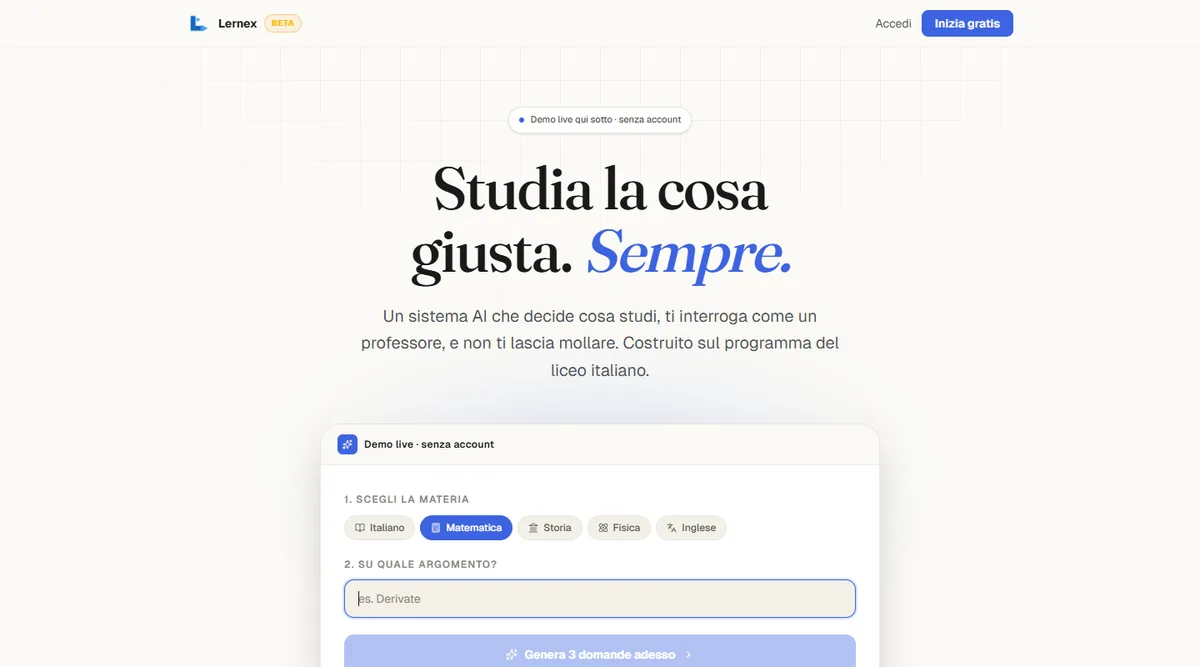 Lernex: la pagina iniziale con la prova dal vivo senza account